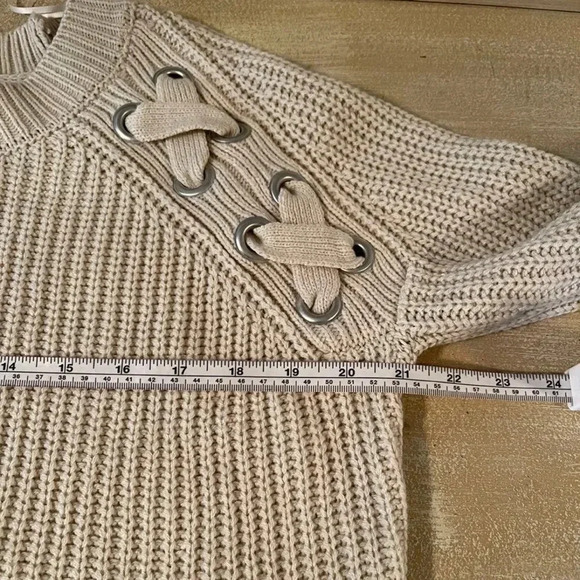 PINK Rose crewneck knit sweater with lace up detail on front upper arm area. - Picture 7 of 9